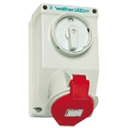 HENSEL MAKE 16/20A 2 POLE + EARTHING SWITCHED WALL SOCKET, WITH INTERLOCKING IP 44
